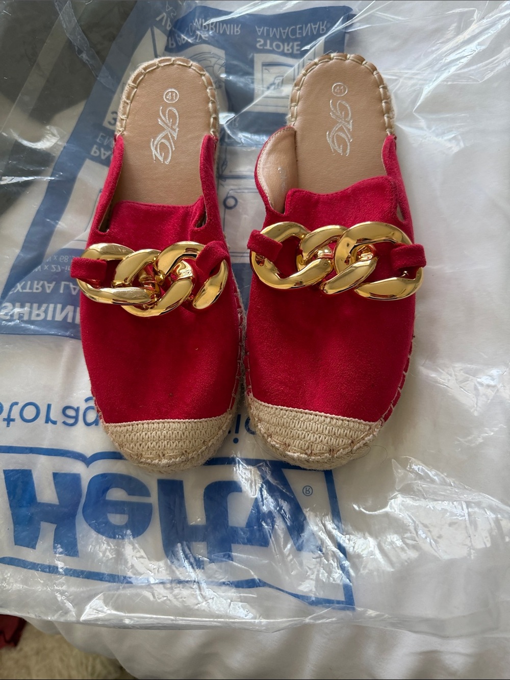Women's Red Slip-On Espadrille Mules with Gold Chain Accent